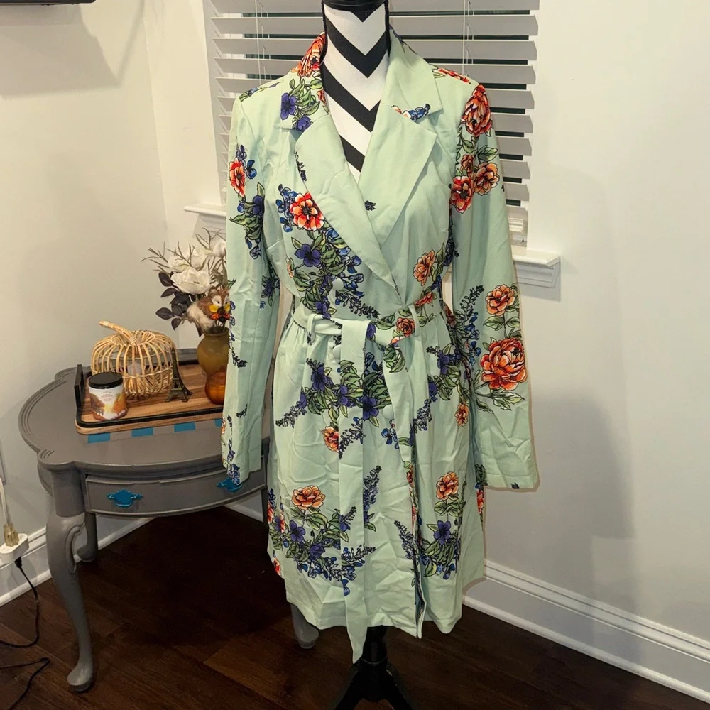Modcloth Profound Pizzazz Mint Floral Trench Coat Size L - Picture 2 of 11